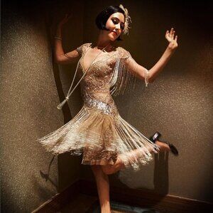 Gatsby London SYBILL FRINGE FLAPPER DRESS Mini Short Gold Blush